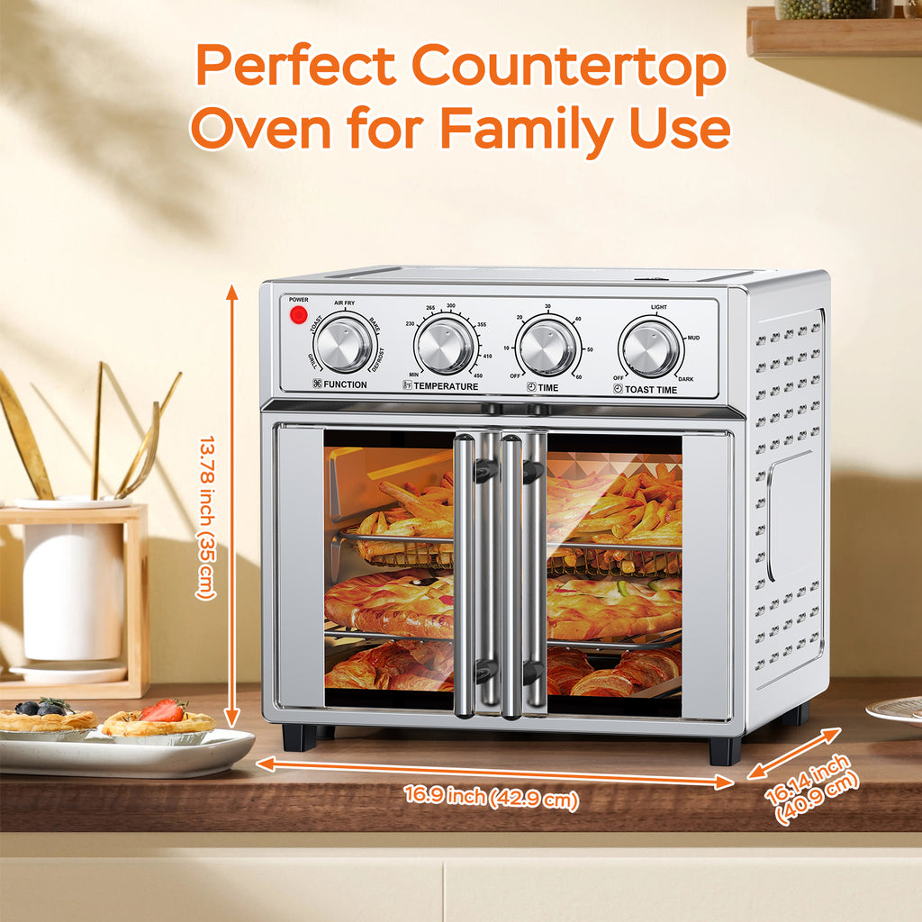 29.5 QT Air Fryer Convection Toaster Oven, French Door, 6 Slices, 1700W, Multifunction Oven, Air Fryer, Toast, Grill, Defrost, Bake, Time And Temperature Controls, Silver, Amazon Resale Prohibited
