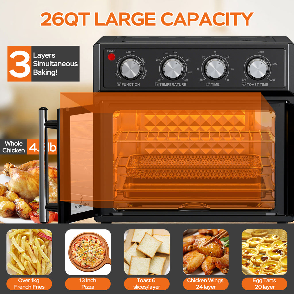 29.5 QT Air Fryer Convection Toaster Oven, French Door, 6 Slices, 1700W, Multifunction Oven, Air Fryer, Toast, Grill, Defrost, Bake, Time And Temperature Controls, Black, Amazon Resale Prohibited