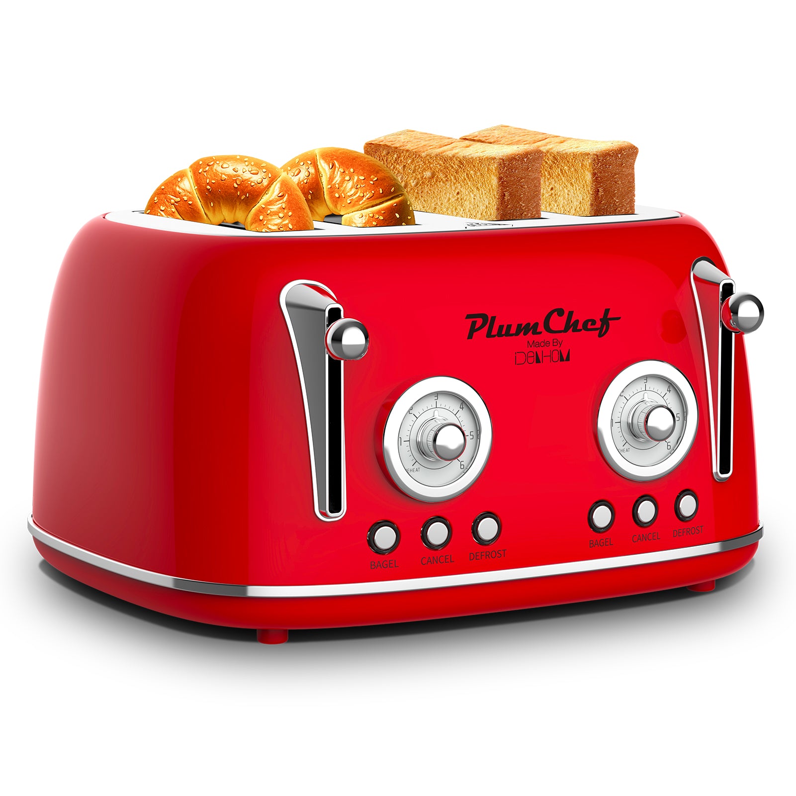 4 Slice Retro Toaster, Dual Control Toaster, 6 Settings, Bagel, Defrost, Removable Crumb Tray, Stainless Steel Housing, 1650W, Red, Amazon Resale Prohibited