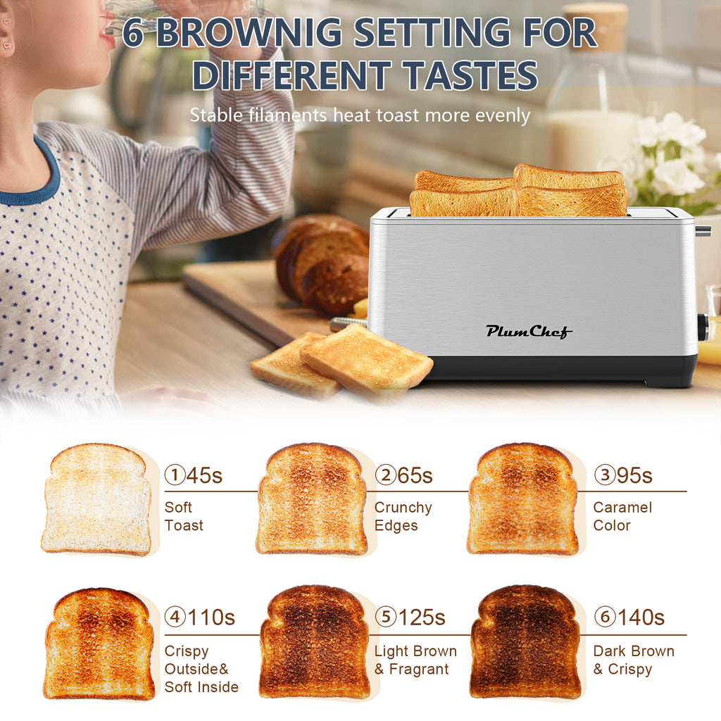 4-Slice Toaster, Extra Wide Long Slot Toaster, 6 Settings, Bagel, Defrost, Reheat, Removable Crumb Tray, Upgraded Stainless Steel, Silver, Amazon Resale Prohibited