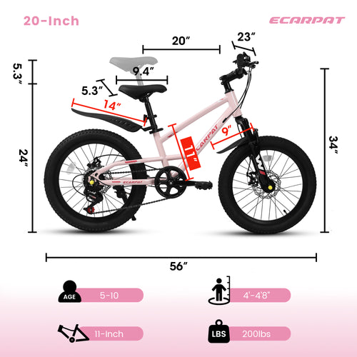 20 Inch Mountain Kids Bike For Boys & Girls, Ages 6-12, 7-Speed With Front Suspension