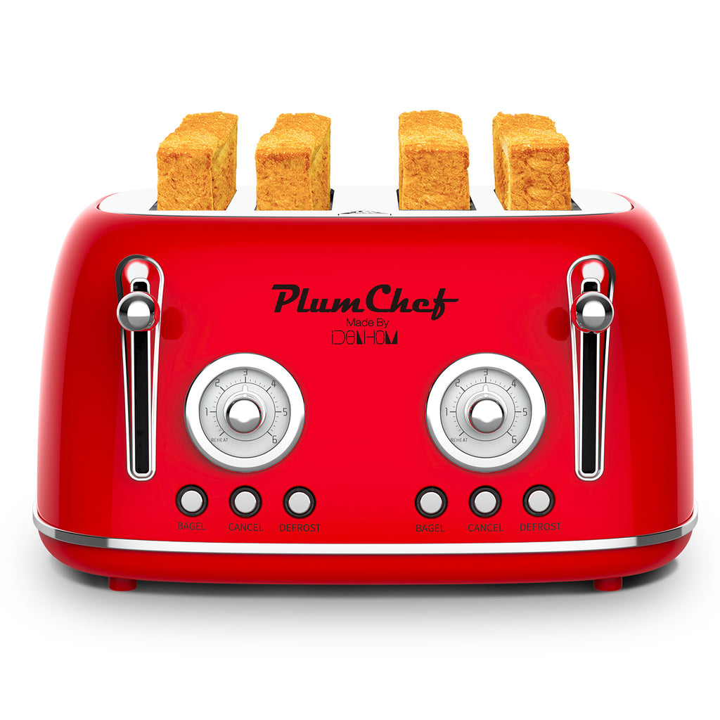 4 Slice Retro Toaster, Dual Control Toaster, 6 Settings, Bagel, Defrost, Removable Crumb Tray, Stainless Steel Housing, 1650W, Red, Amazon Resale Prohibited