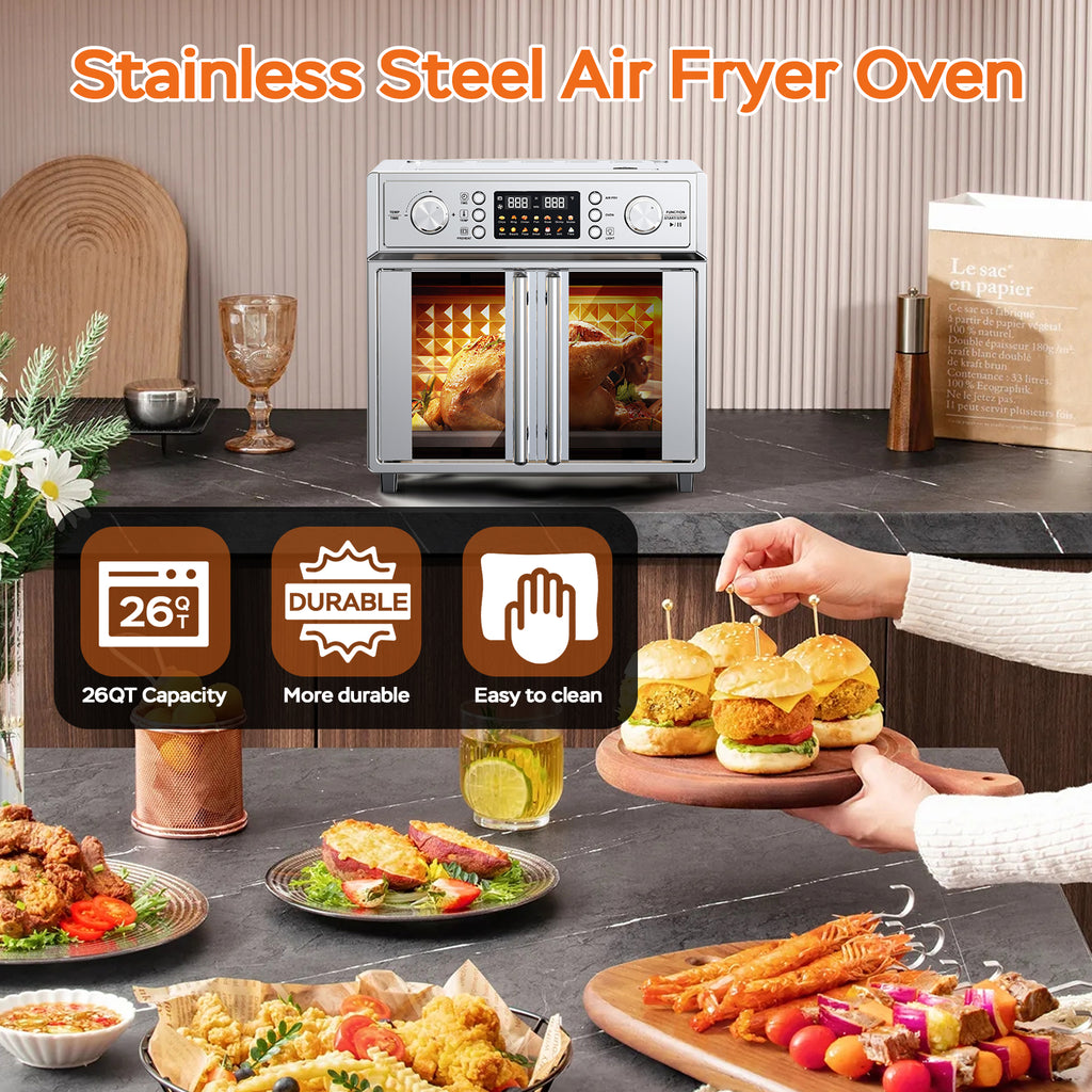 29.5QT French Door Air Fryer Toaster Oven Combo, 14 Presets, Digital Control, Stainless Steel, For Baking, Roasting, Includes Accessories,Silver, Amazon Resale Prohibited