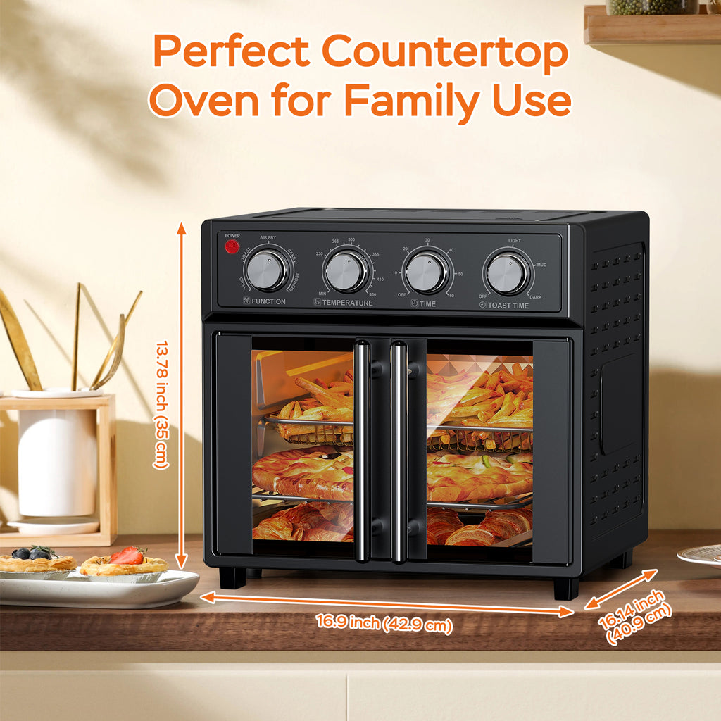 29.5 QT Air Fryer Convection Toaster Oven, French Door, 6 Slices, 1700W, Multifunction Oven, Air Fryer, Toast, Grill, Defrost, Bake, Time And Temperature Controls, Black, Amazon Resale Prohibited