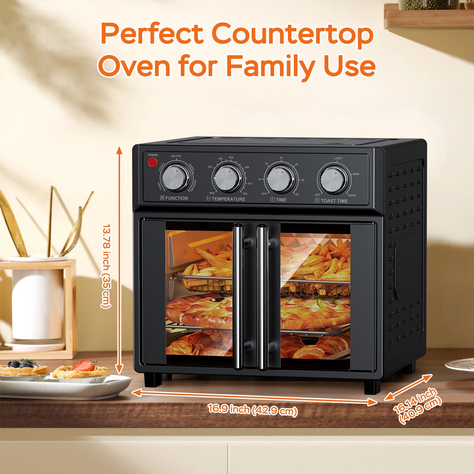 29.5 QT Air Fryer Convection Toaster Oven, French Door, 6 Slices, 1700W, Multifunction Oven, Air Fryer, Toast, Grill, Defrost, Bake, Time And Temperature Controls, Black, Amazon Resale Prohibited
