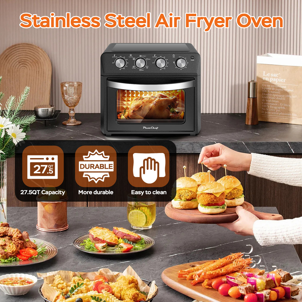 27.5QT 6-in-1 Air Fryer Toaster Oven, Dropdown-Door, 6-Slice, Countertop Convection Oven, Air Frying, Baking, Roasting, Broiling, Grilling, 1600W, Black, Amazon Resale Prohibited