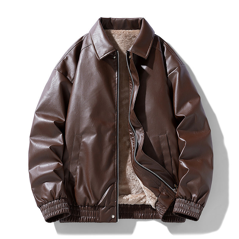 Winter Retro Minimalist Casual Lapel Fashionable Fleece-Lined Leather Jacket