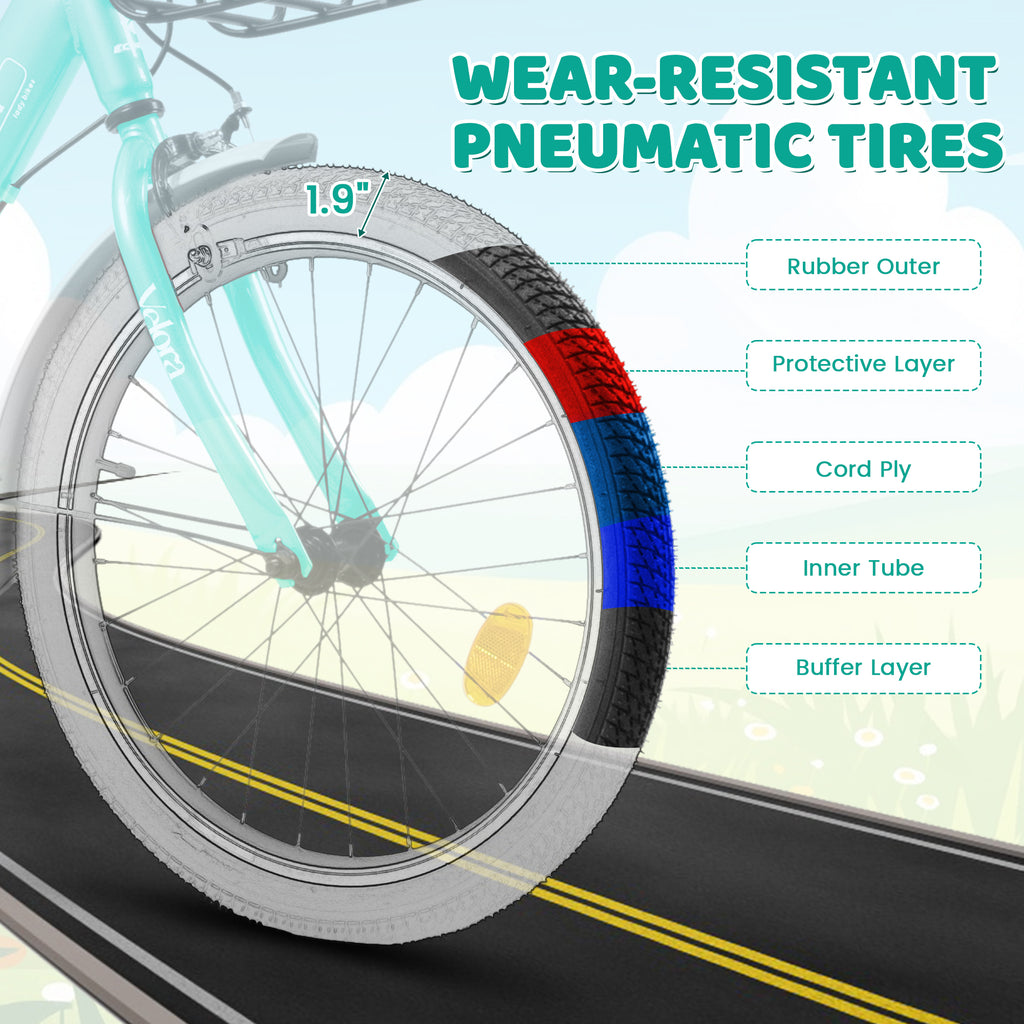 A20182 20 Inch Kids Bike For Boys & Girls, Children's Bicycle With Coaster Brake & V-Brake, 1-Speed, Chain Guard & Rear Rack, Lightweight Steel Frame Pink, Green, Purple, White