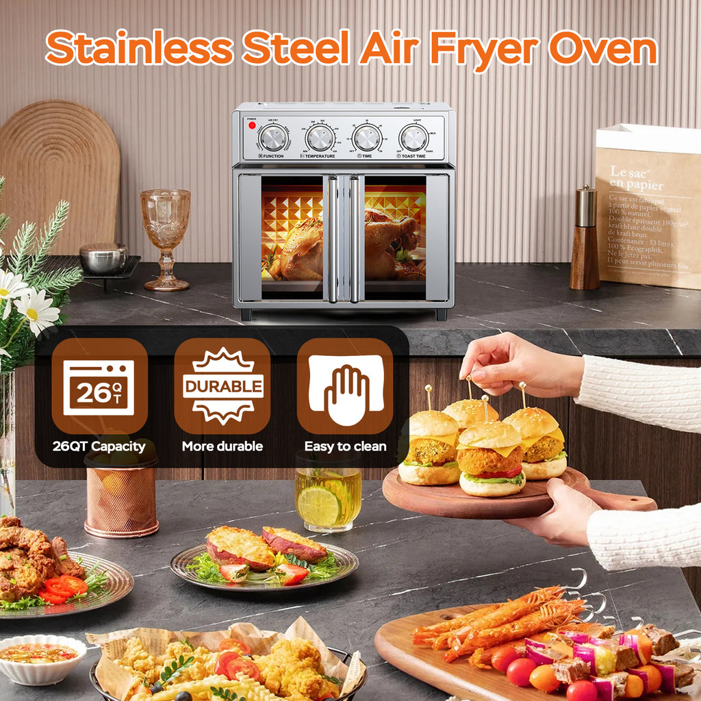 29.5 QT Air Fryer Convection Toaster Oven, French Door, 6 Slices, 1700W, Multifunction Oven, Air Fryer, Toast, Grill, Defrost, Bake, Time And Temperature Controls, Silver, Amazon Resale Prohibited
