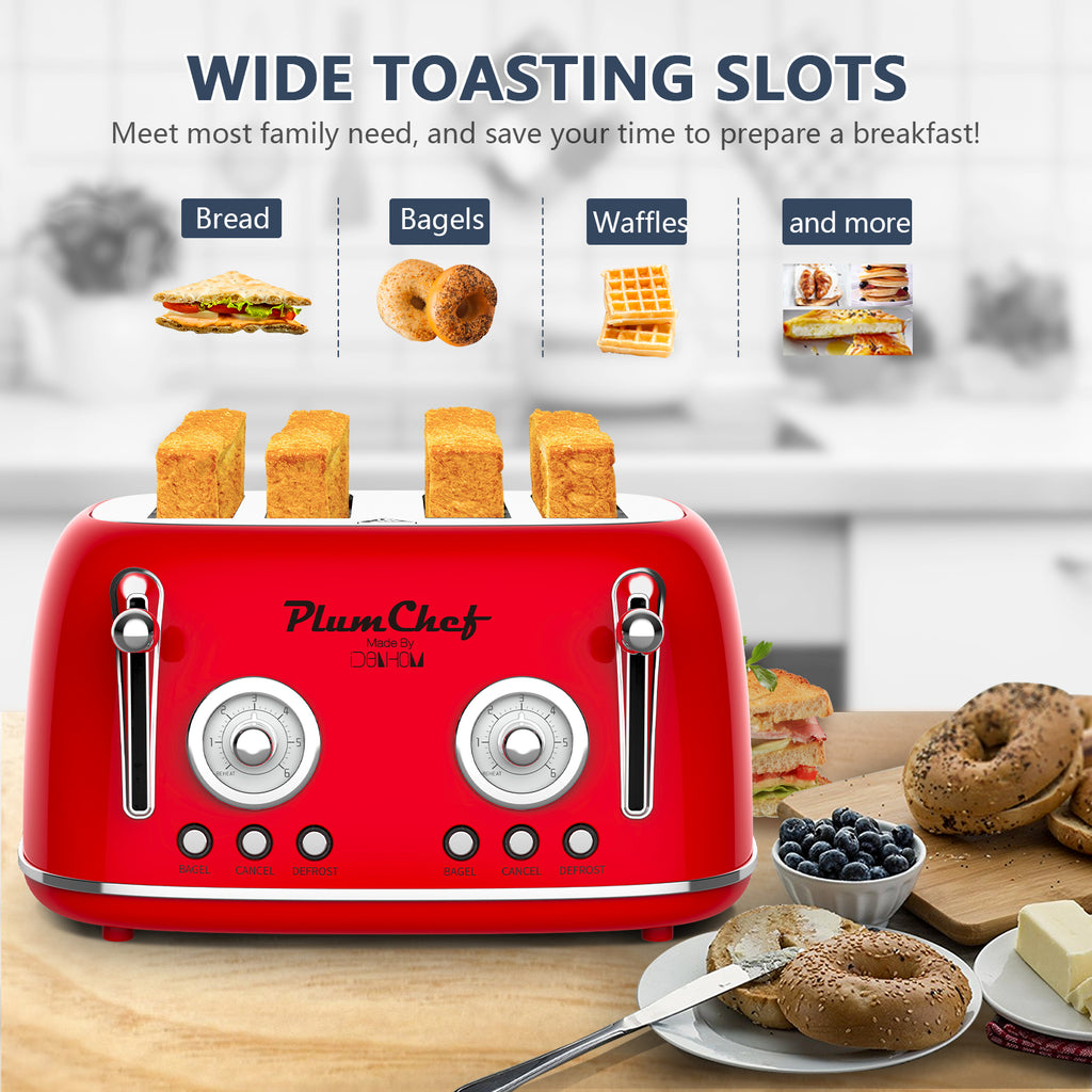 4 Slice Retro Toaster, Dual Control Toaster, 6 Settings, Bagel, Defrost, Removable Crumb Tray, Stainless Steel Housing, 1650W, Red, Amazon Resale Prohibited