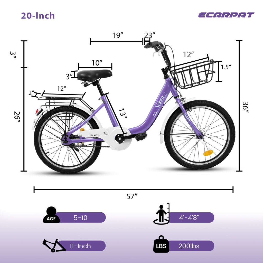 A20182 20 Inch Kids Bike For Boys & Girls, Children's Bicycle With Coaster Brake & V-Brake, 1-Speed, Chain Guard & Rear Rack, Lightweight Steel Frame Pink, Green, Purple, White