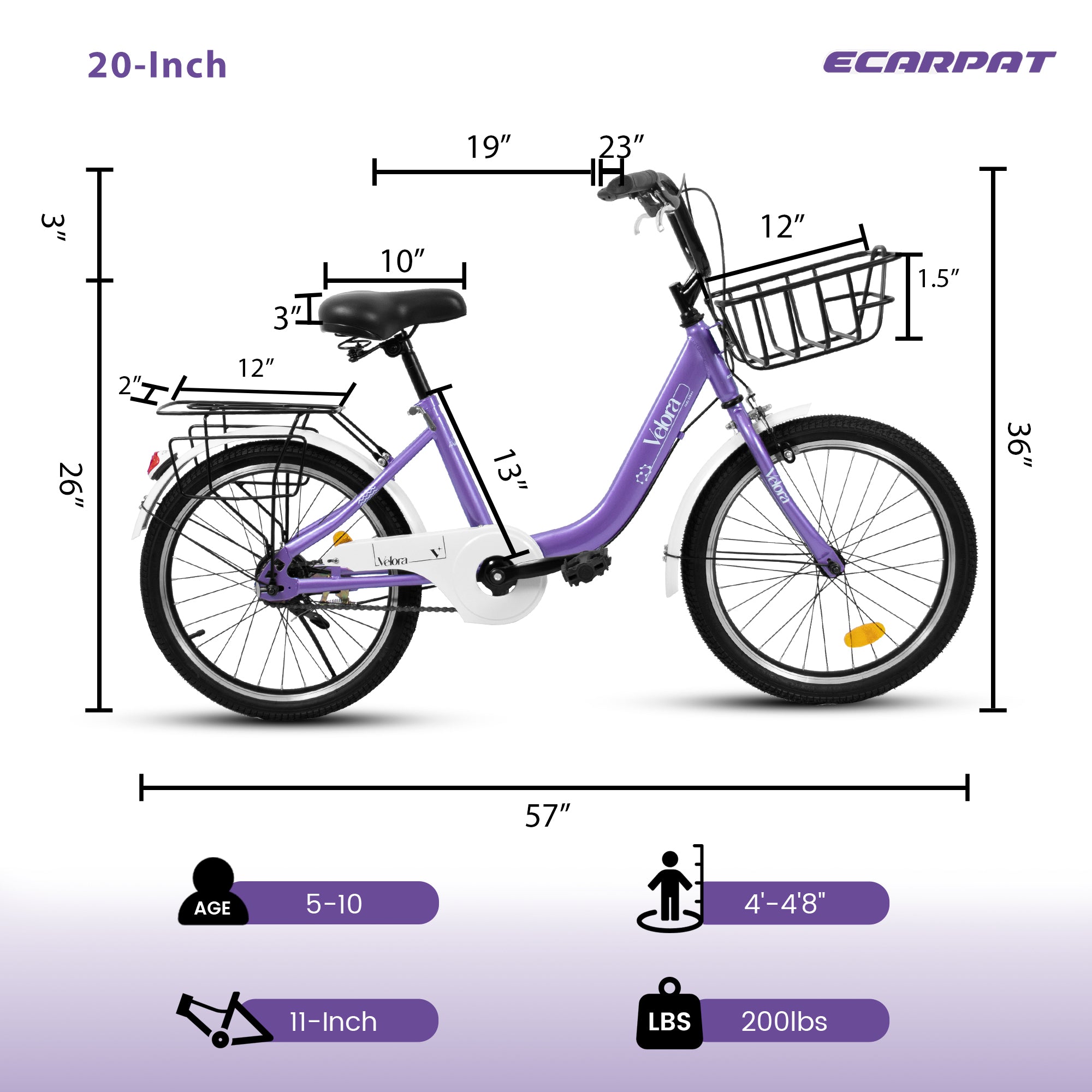 A20182 20 Inch Kids Bike For Boys & Girls, Children's Bicycle With Coaster Brake & V-Brake, 1-Speed, Chain Guard & Rear Rack, Lightweight Steel Frame Pink, Green, Purple, White
