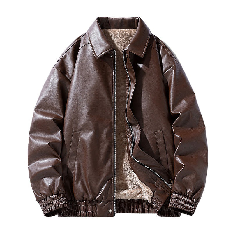 Winter Retro Minimalist Casual Lapel Fashionable Fleece-Lined Leather Jacket