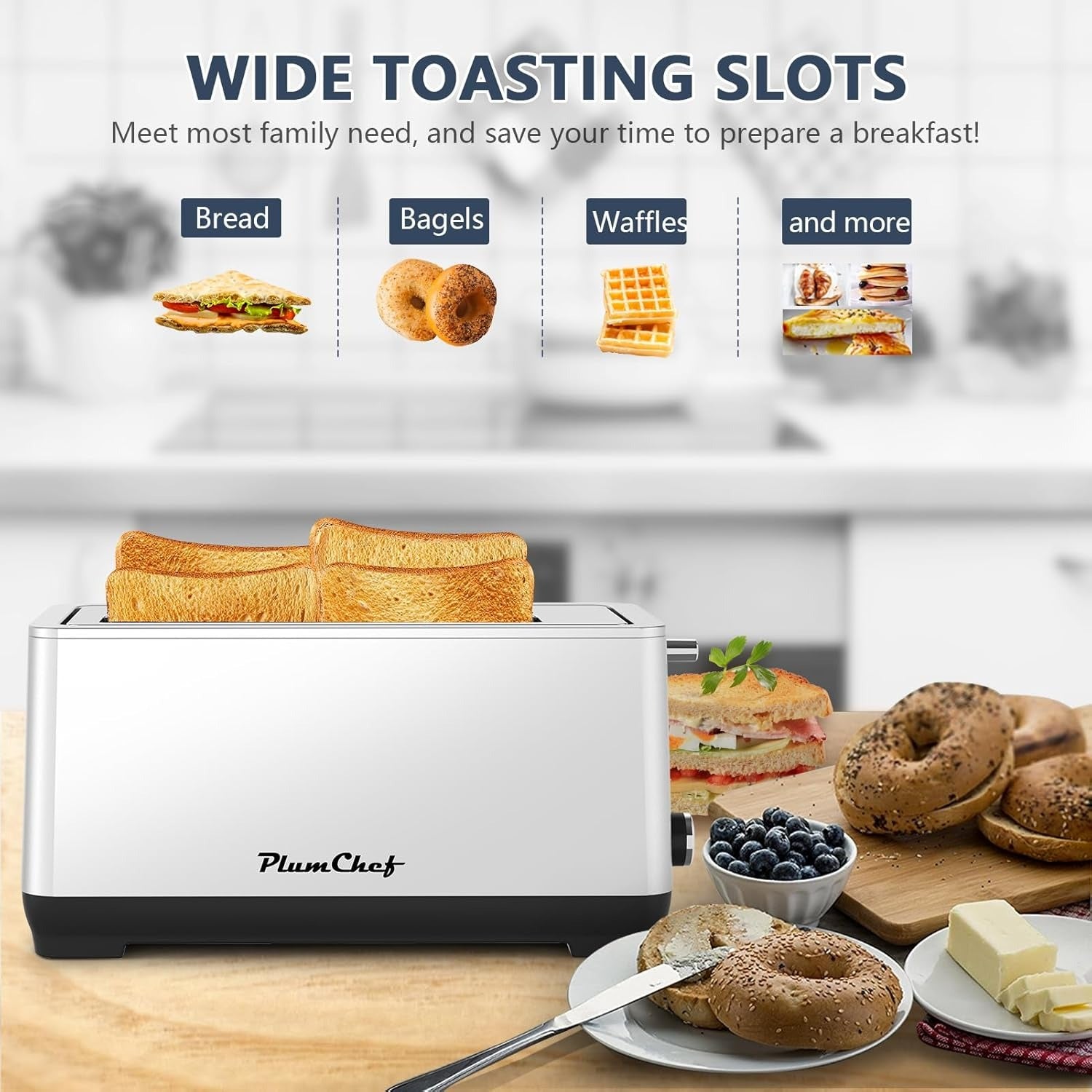 4-Slice Toaster, Extra Wide Long Slot Toaster, 6 Settings, Bagel, Defrost, Reheat, Removable Crumb Tray, Stainless Steel Housing, Silver, Amazon Resale Prohibited