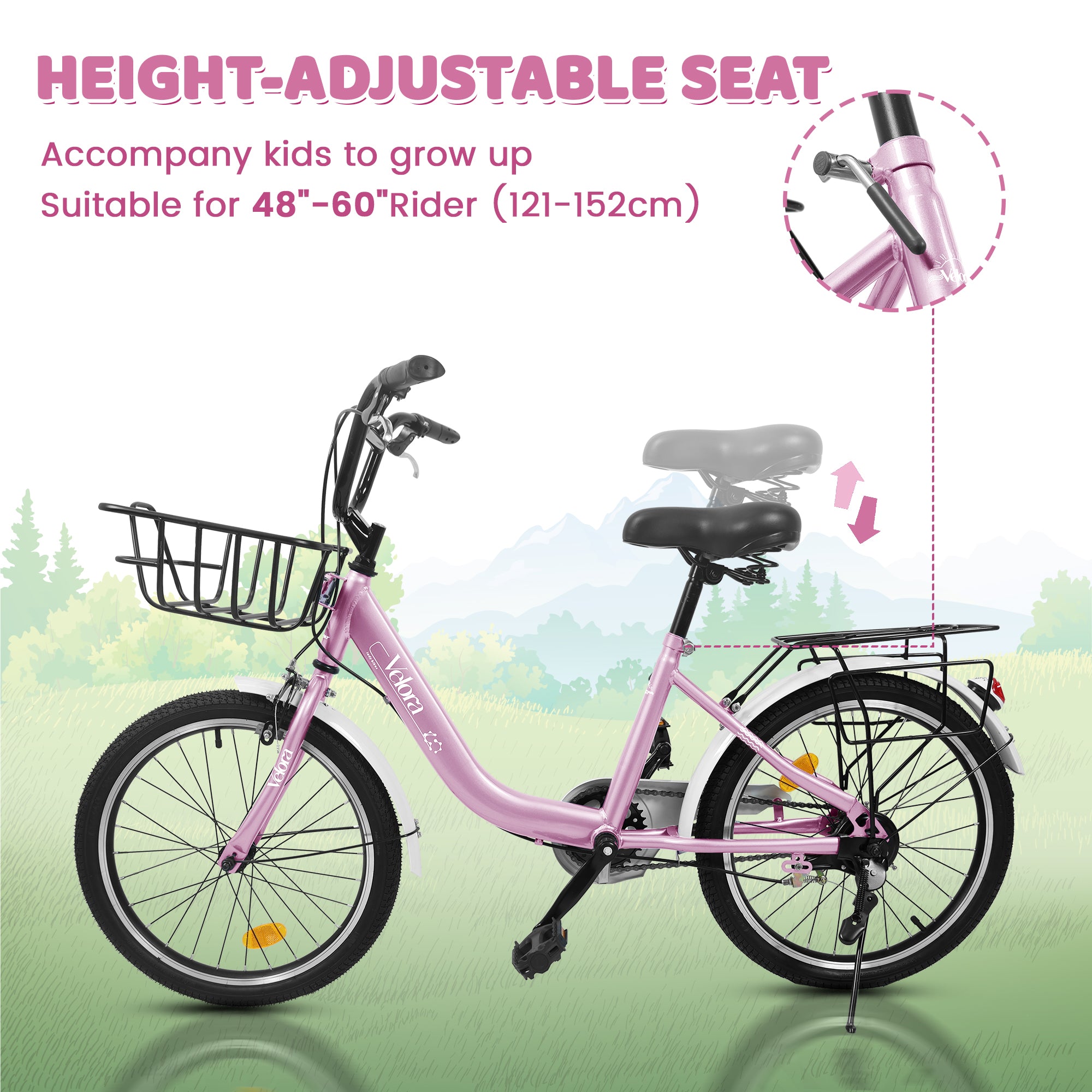 A20182 20 Inch Kids Bike For Boys & Girls, Children's Bicycle With Coaster Brake & V-Brake, 1-Speed, Chain Guard & Rear Rack, Lightweight Steel Frame Pink, Green, Purple, White