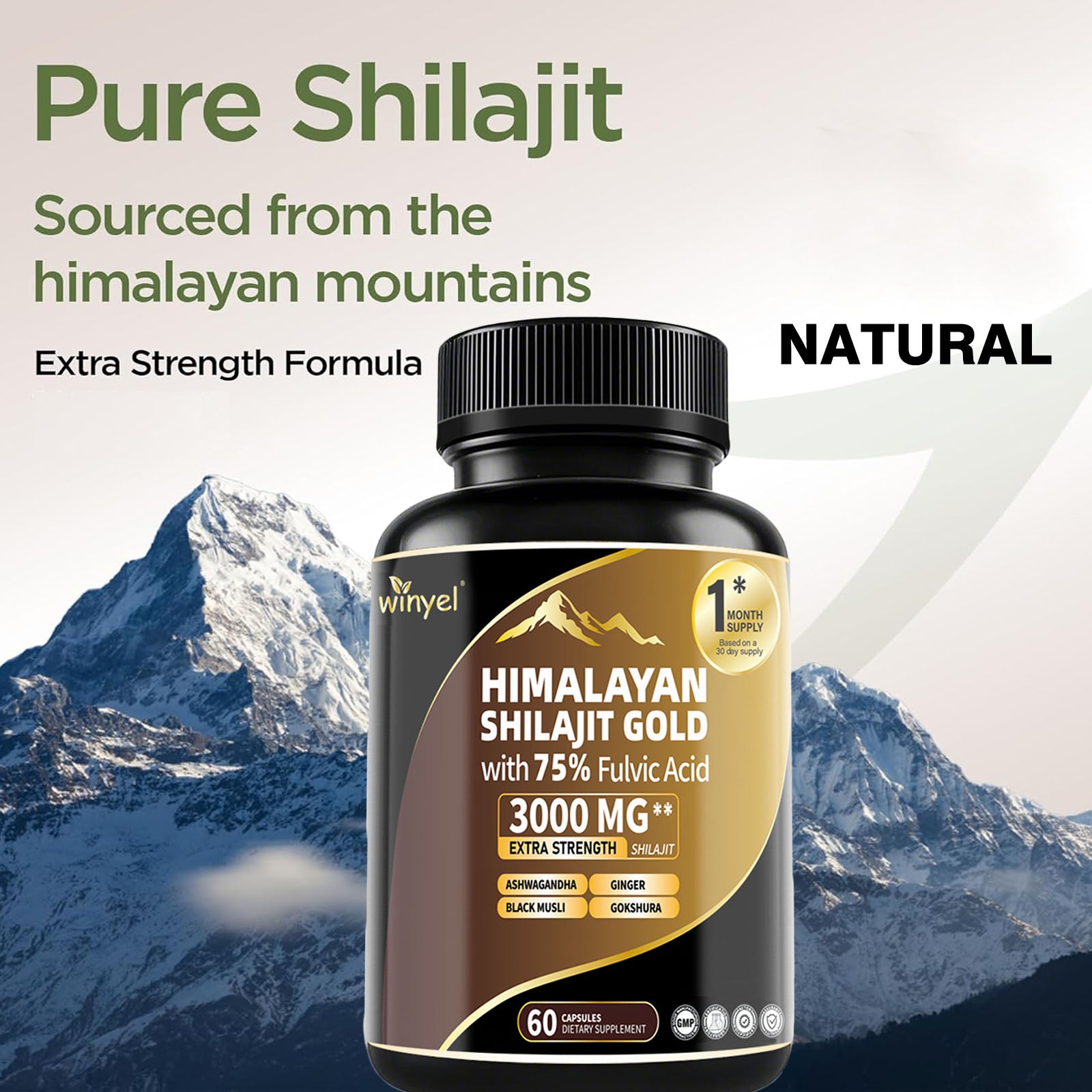 Shilajit Capsules, Ashwagandha, Gokshura, 85 Trace Minerals, High Potency Gold Grade Himalayan Shilajit Supplements, 60 Capsules For Women And Men