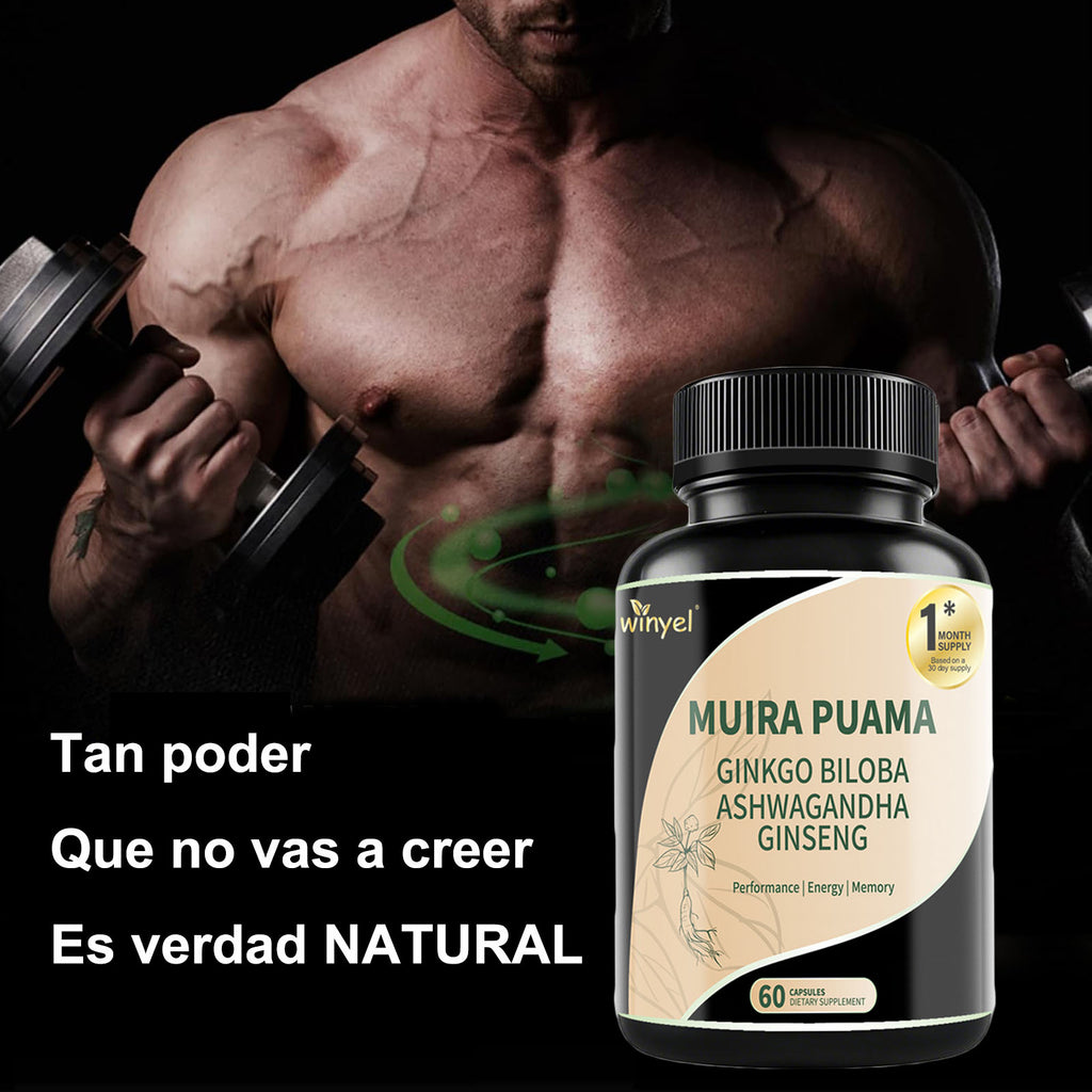Muira Puama Ginseng Ashwagandha Ginkgo Tribulus  Herbal Supplements  Unleash Your Potential Through Our Pills  Dietary Supplements, Help Promote An Active And Healthy Lifestyle  60 Capsules
