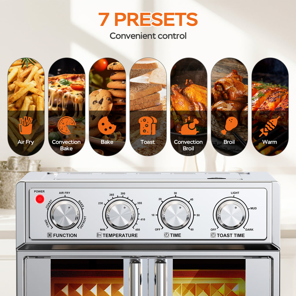 29.5 QT Air Fryer Convection Toaster Oven, French Door, 6 Slices, 1700W, Multifunction Oven, Air Fryer, Toast, Grill, Defrost, Bake, Time And Temperature Controls, Silver, Amazon Resale Prohibited