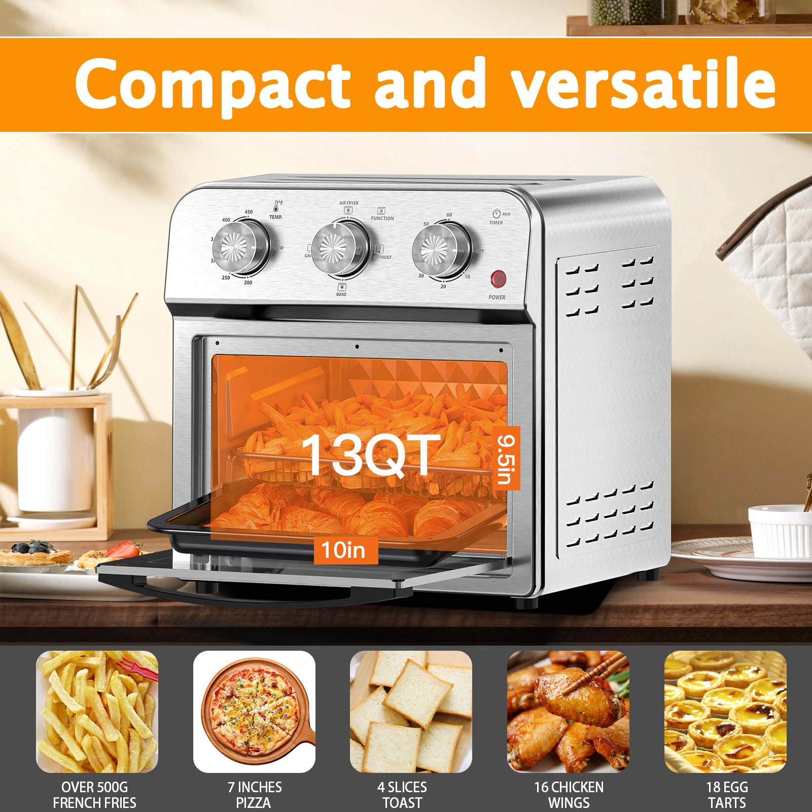13QT Air Fryer Toaster Oven, Healthy Oil-Free Cooking, Multifunctional Convection Contertop Oven, Adjustable Time, Temp Control, Stainless Steel, Amazon Resale Prohibited