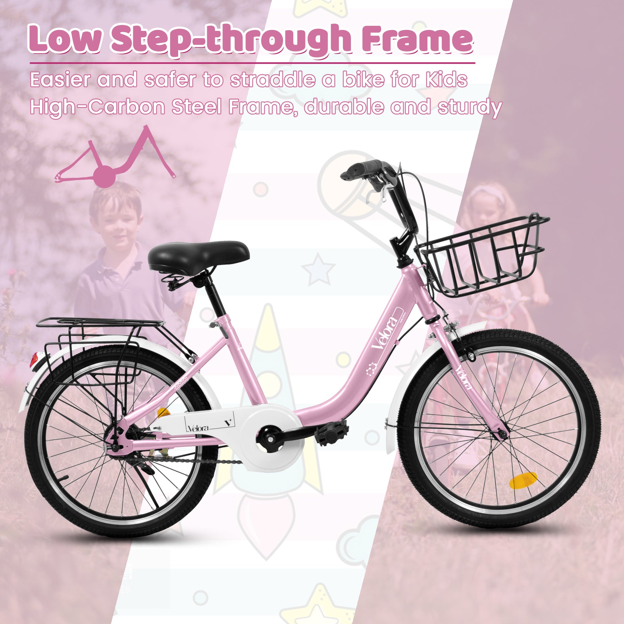 A20182 20 Inch Kids Bike For Boys & Girls, Children's Bicycle With Coaster Brake & V-Brake, 1-Speed, Chain Guard & Rear Rack, Lightweight Steel Frame Pink, Green, Purple, White