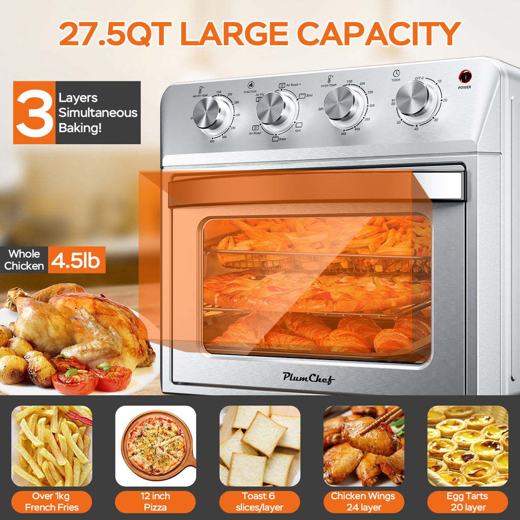 27.5QT 6-in-1 Air Fryer Toaster Oven, 6-Slice, Countertop Convection Oven, Air Frying, Baking, Roasting, Broiling & Grilling, 1600W, Sliver, Amazon Resale Prohibited