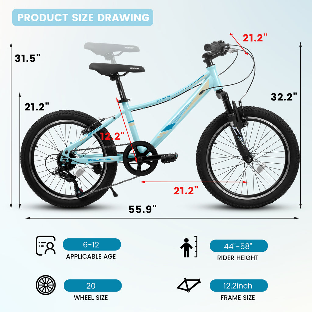 A20261 20 Inch Children's Bicycle, Shock Absorbing Front Fork, 7 - Speed, V - Brakes, Mountain Tire, Boys And Girls Kids Bike For Outdoor Adventure