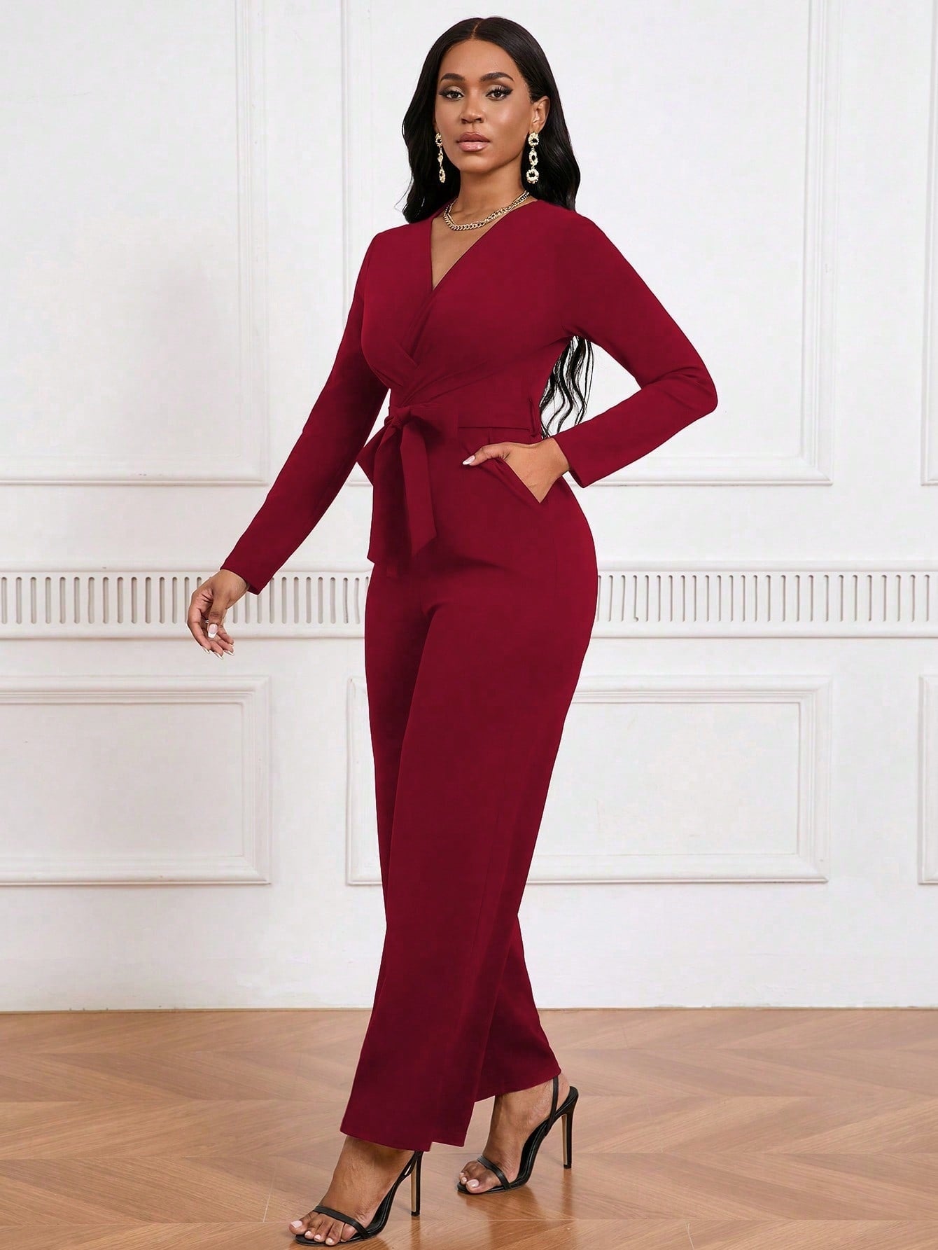 Simple And Stylish, Elegant Commuting Jumpsuit, Long Sleeve Straight Jumpsuit, V-neck, Cross Pleated, Tie-up Casual Jumpsuit, For Everyday Wear.