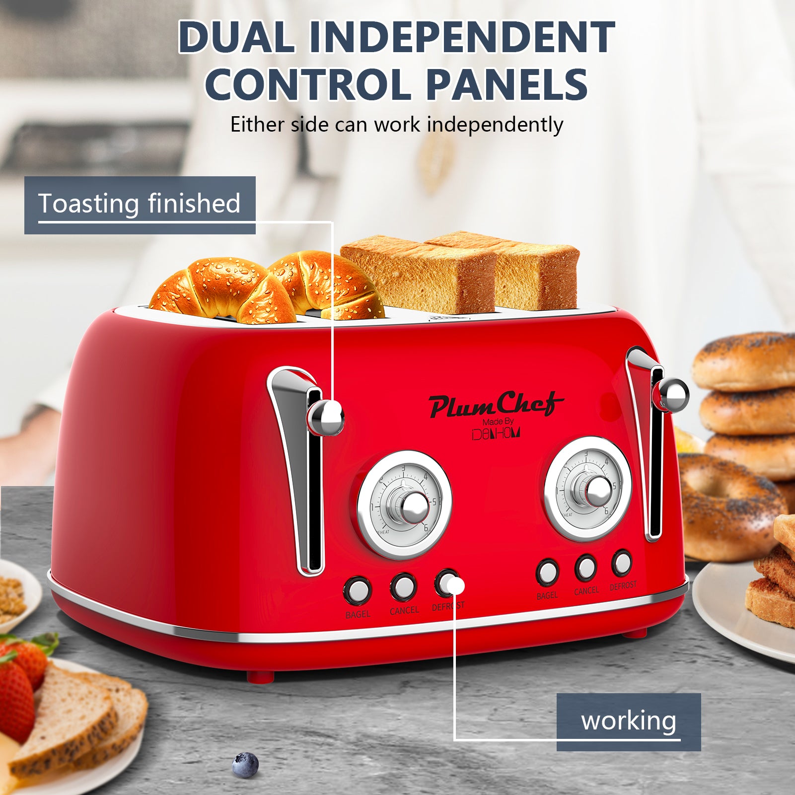 4 Slice Retro Toaster, Dual Control Toaster, 6 Settings, Bagel, Defrost, Removable Crumb Tray, Stainless Steel Housing, 1650W, Red, Amazon Resale Prohibited