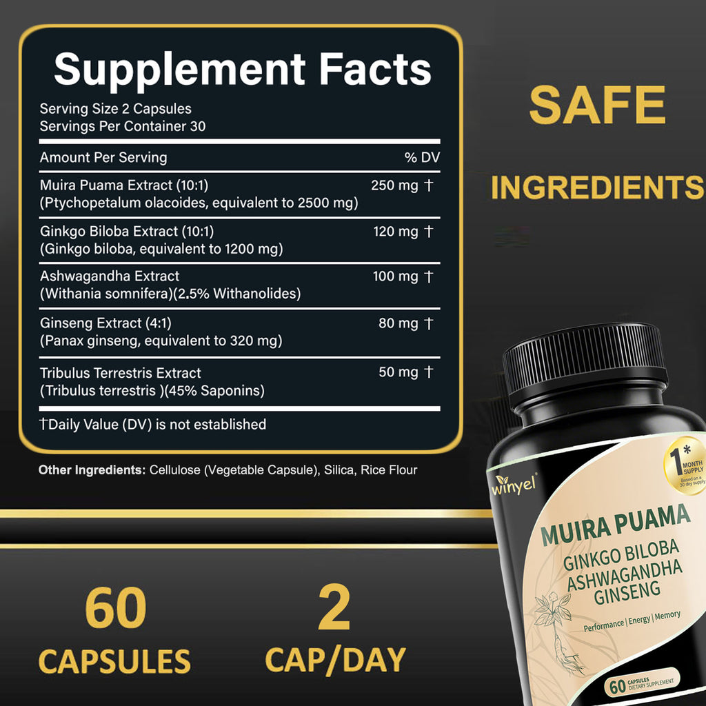 Muira Puama Ginseng Ashwagandha Ginkgo Tribulus  Herbal Supplements  Unleash Your Potential Through Our Pills  Dietary Supplements, Help Promote An Active And Healthy Lifestyle  60 Capsules