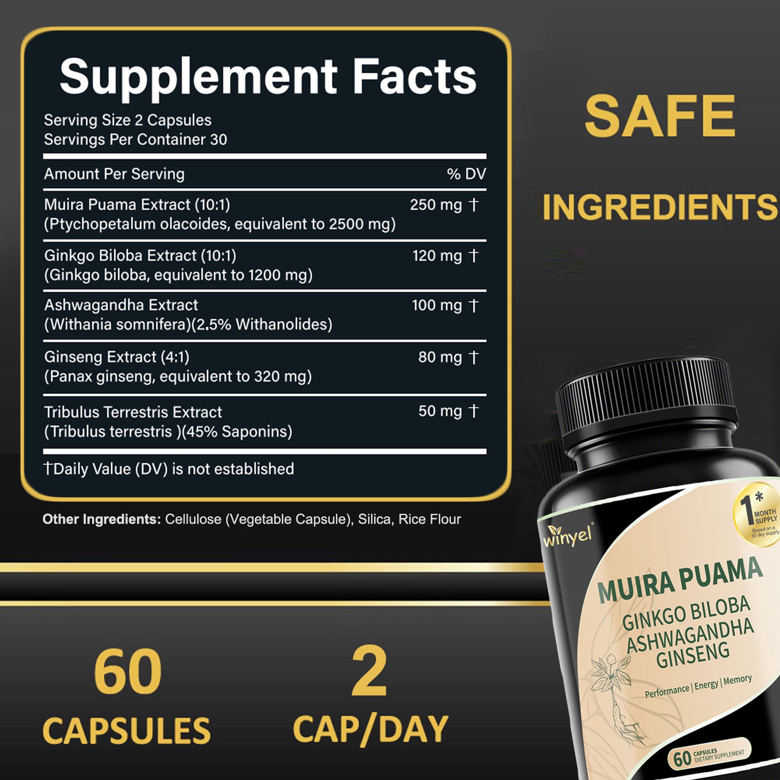 Muira Puama Ginseng Ashwagandha Ginkgo Tribulus  Herbal Supplements  Unleash Your Potential Through Our Pills  Dietary Supplements, Help Promote An Active And Healthy Lifestyle  60 Capsules