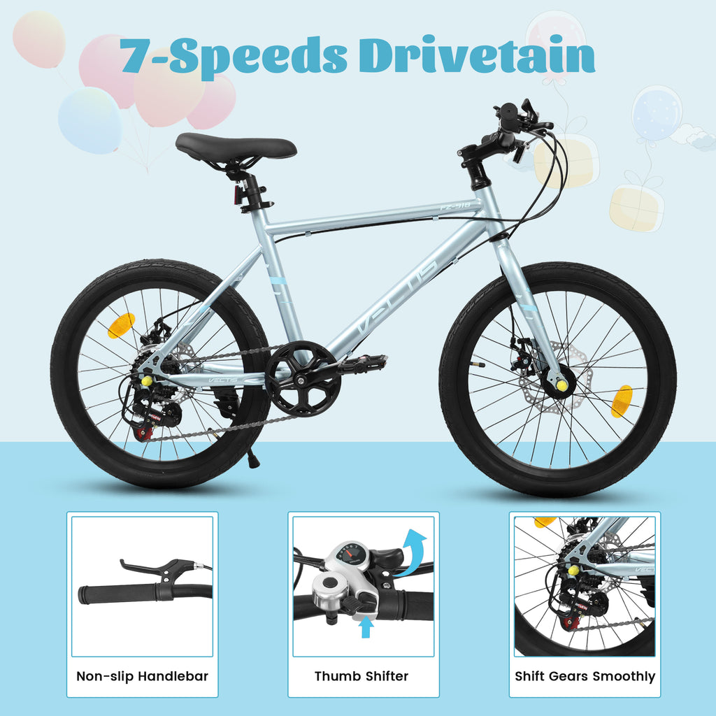 A20183 Kids Bike For 6-12 Years Old, 20 Inch Children's Bicycle For Boys Girls, 7-Speed Steel Frame, , Dual Disc Brakes, 20x1.75 Inch Tires Road Bike, 4 Color Options