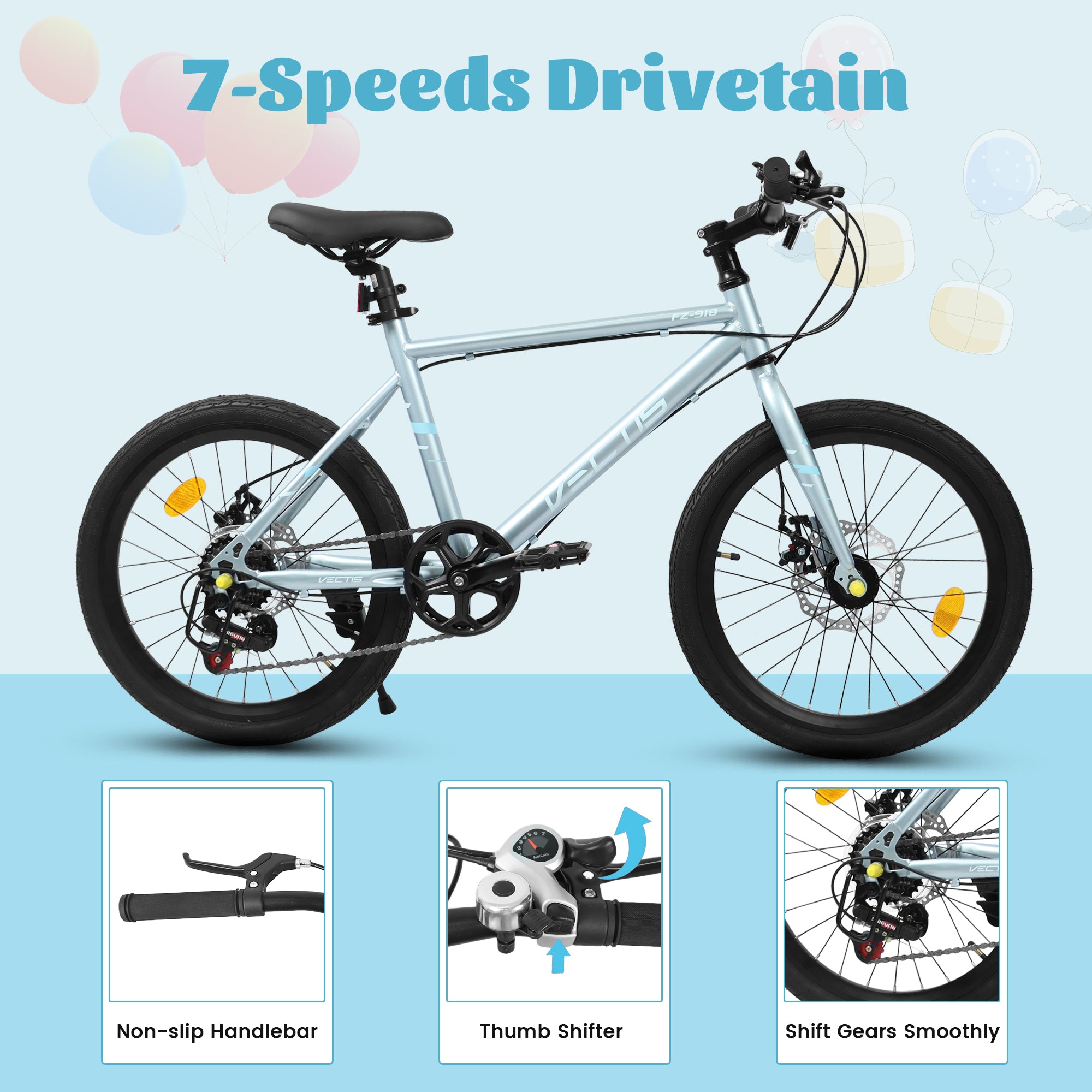 A20183 Kids Bike For 6-12 Years Old, 20 Inch Children's Bicycle For Boys Girls, 7-Speed Steel Frame, , Dual Disc Brakes, 20x1.75 Inch Tires Road Bike, 4 Color Options