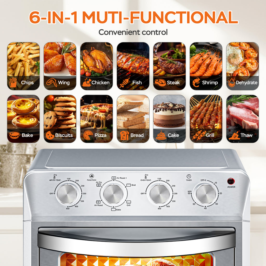 27.5QT 6-in-1 Air Fryer Toaster Oven, 6-Slice, Countertop Convection Oven, Air Frying, Baking, Roasting, Broiling & Grilling, 1600W, Sliver, Amazon Resale Prohibited