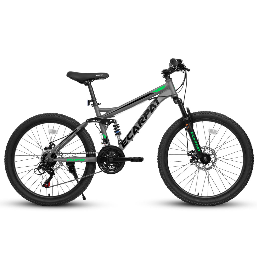 A2460 24 Inch Mountain Bike With Full Suspension, 21 Speed Shifter Lever With Gear Indicator, High Carbon Steel Frame, Mechanical Disc Brakes, Unisex For Men Women Adults, Ideal For Trails.
