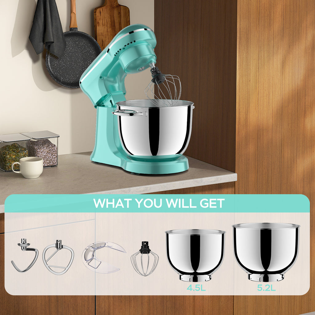 6QT & 5QT Dual Bowls Stand Mixer, 10 Speed Tilt-Head, Electronic Timer, Dough Mixer, Dishwasher Safe Stainless Steel Bowls, Dough Hook, Flat Beater, Whisk For Baking, Blue, Amazon Resale Prohibited