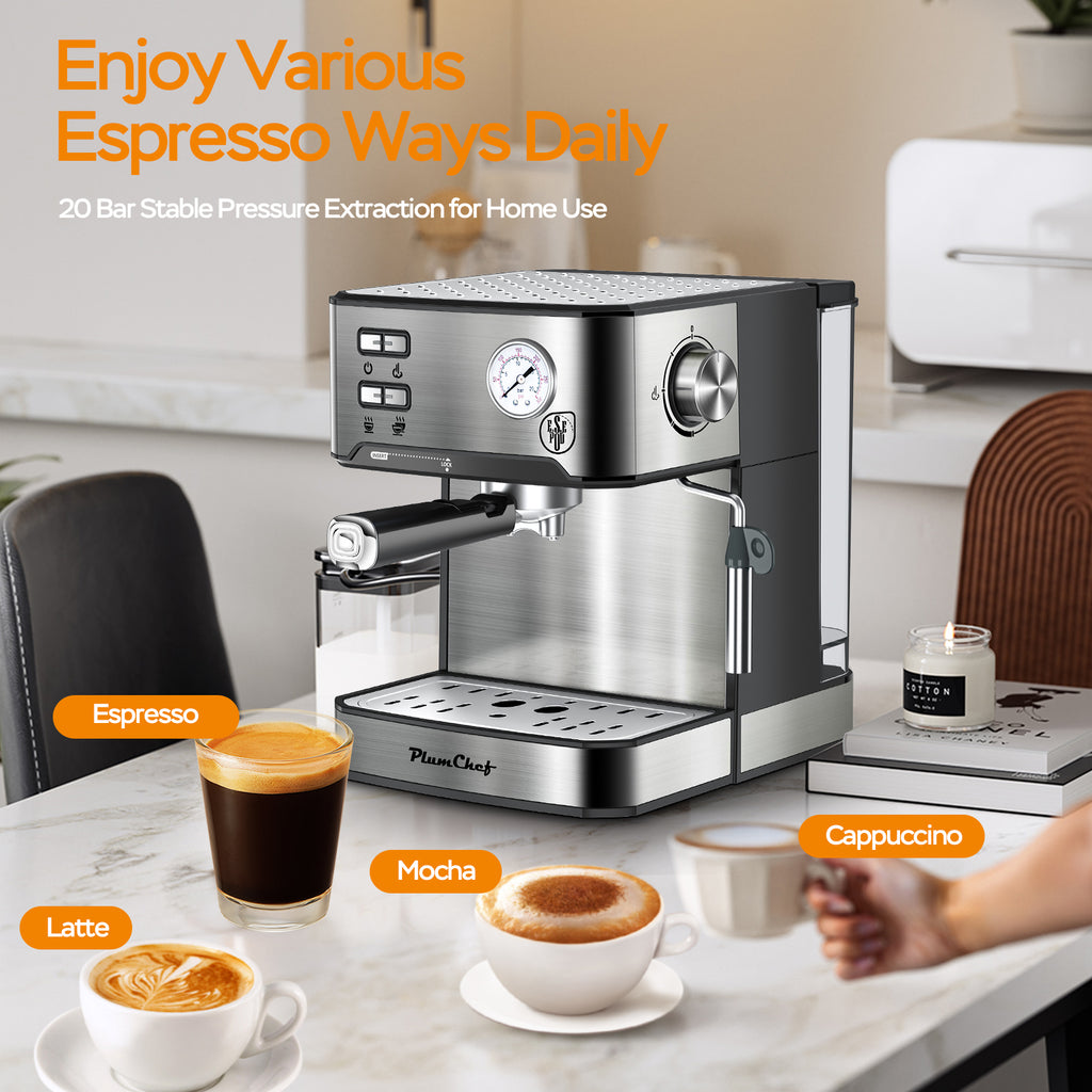 20 Bar Professional Espresso Machine With Milk Frother, Single Double Shot, ESE Pod Compatible, Visual Display Of Pressure, Removable Water Tank For Cappuccino, Latte, Machiato For Home Barista