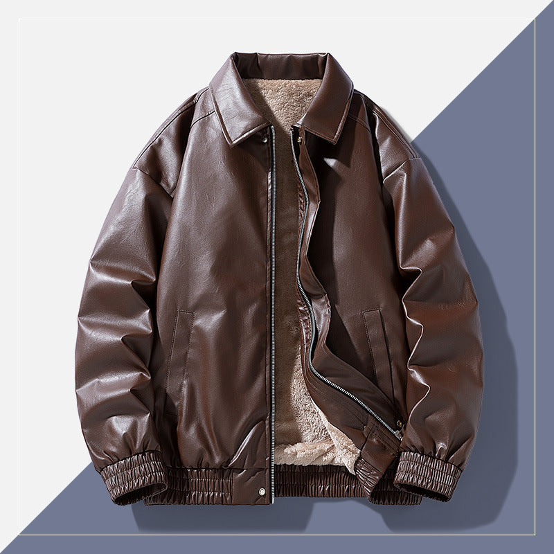 Winter Retro Minimalist Casual Lapel Fashionable Fleece-Lined Leather Jacket