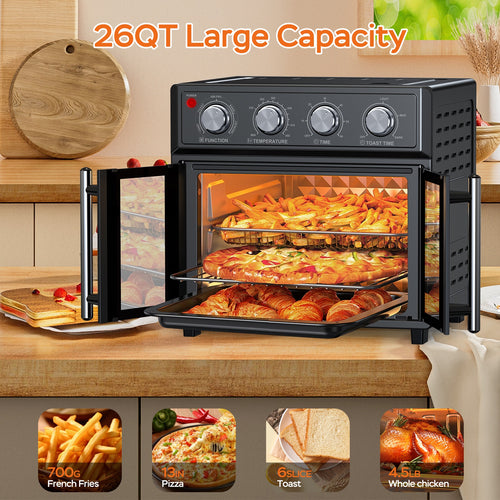 29.5 QT Air Fryer Convection Toaster Oven, French Door, 6 Slices, 1700W, Multifunction Oven, Air Fryer, Toast, Grill, Defrost, Bake, Time And Temperature Controls, Black, Amazon Resale Prohibited