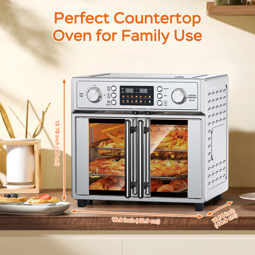 29.5QT French Door Air Fryer Toaster Oven Combo, 14 Presets, Digital Control, Stainless Steel, For Baking, Roasting, Includes Accessories,Silver, Amazon Resale Prohibited