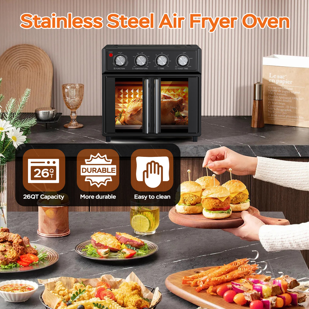 29.5 QT Air Fryer Convection Toaster Oven, French Door, 6 Slices, 1700W, Multifunction Oven, Air Fryer, Toast, Grill, Defrost, Bake, Time And Temperature Controls, Black, Amazon Resale Prohibited