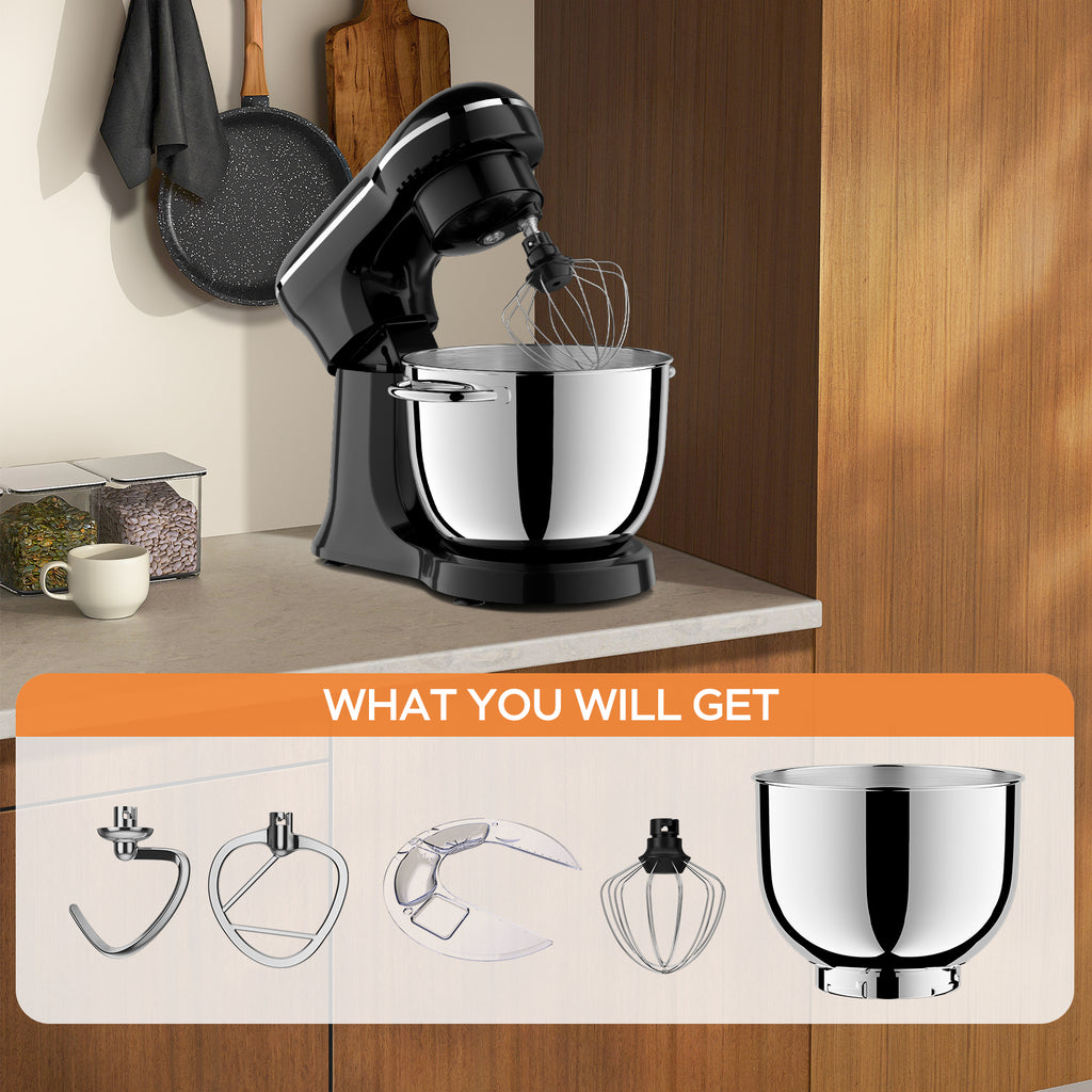 6QT Electric Stand Mixer, 10 Speed, Tilt-Head, Dough Mixer With Dishwasher Safe Stainless Steel Bowl, Flat Beater, Whisk For Baking, For Family Kitchens, Black, Amazon Resale Prohibited
