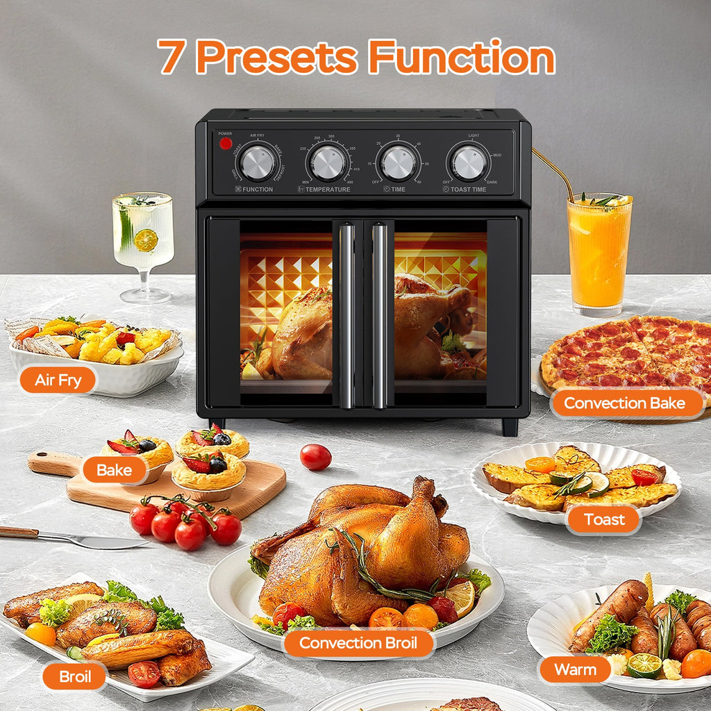 29.5 QT Air Fryer Convection Toaster Oven, French Door, 6 Slices, 1700W, Multifunction Oven, Air Fryer, Toast, Grill, Defrost, Bake, Time And Temperature Controls, Black, Amazon Resale Prohibited