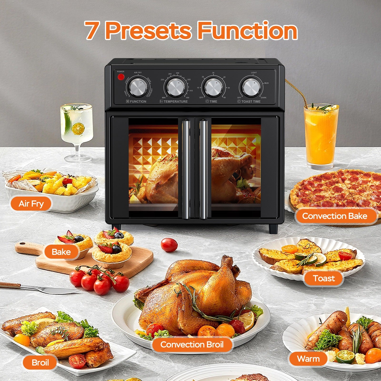 29.5 QT Air Fryer Convection Toaster Oven, French Door, 6 Slices, 1700W, Multifunction Oven, Air Fryer, Toast, Grill, Defrost, Bake, Time And Temperature Controls, Black, Amazon Resale Prohibited
