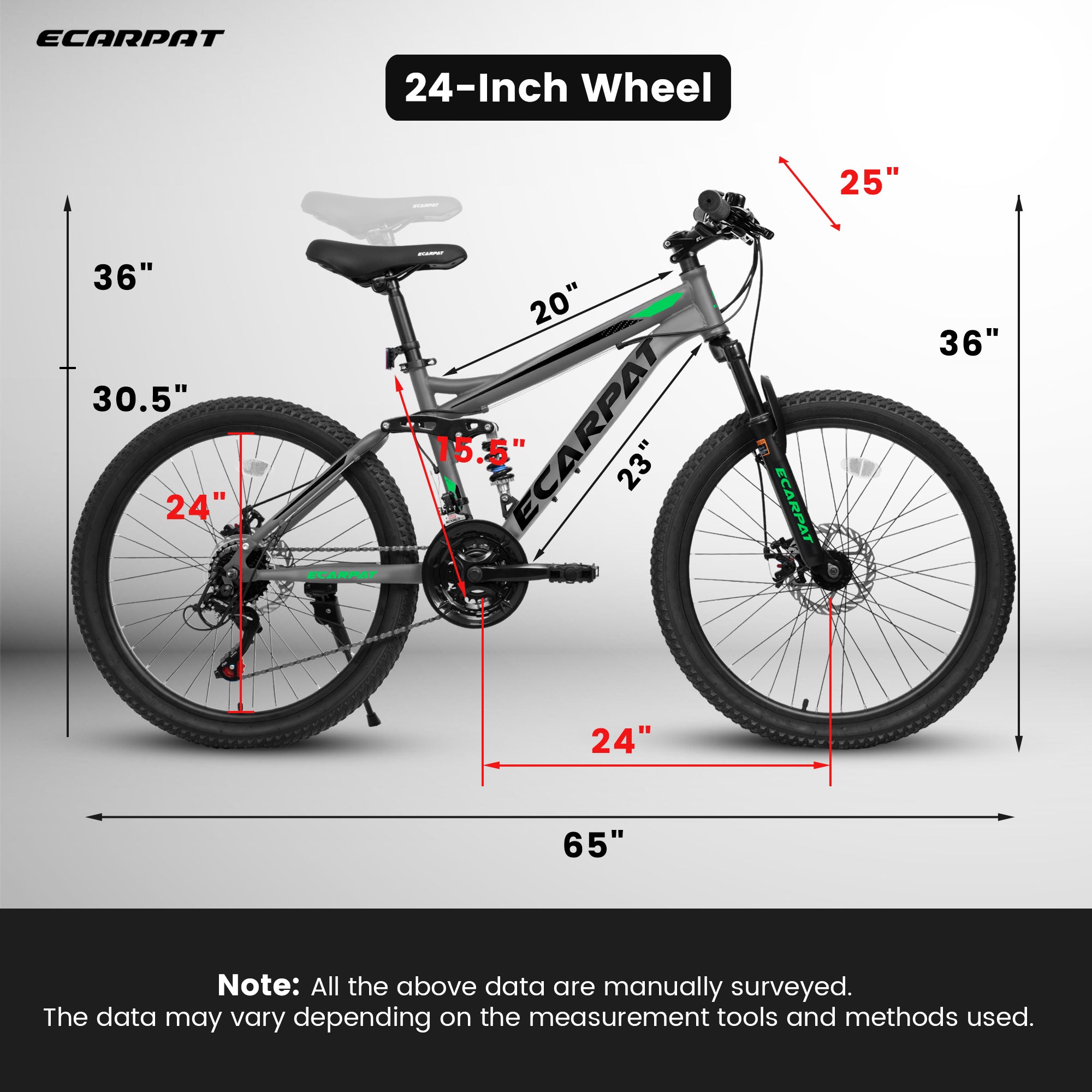 A2460 24 Inch Mountain Bike With Full Suspension, 21 Speed Shifter Lever With Gear Indicator, High Carbon Steel Frame, Mechanical Disc Brakes, Unisex For Men Women Adults, Ideal For Trails.