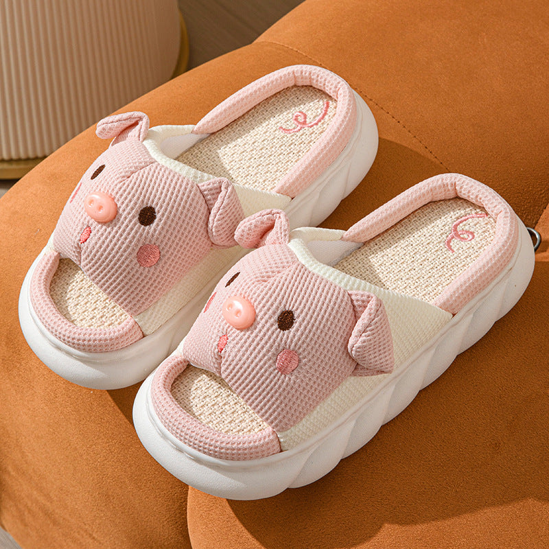 Cute Piggy Slippers Open Toe Linen Home Slipper Couples Women Men Cartoon Pig House Shoes