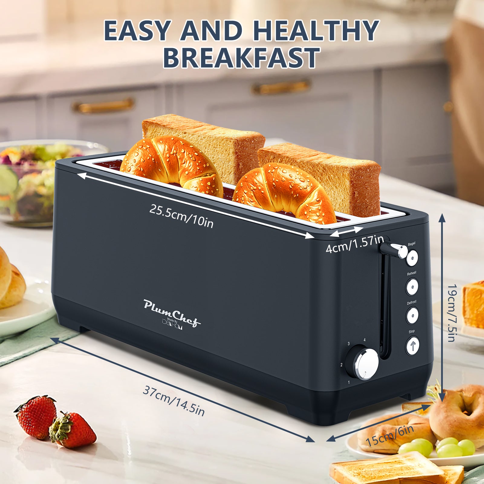 4-Slice Toaster, Extra Wide Long Slot, 6 Settings, Bagel, Defrost, Reheat, Removable Crumb Tray, Stainless Steel Housing, Matte Black, Amazon Resale Prohibited