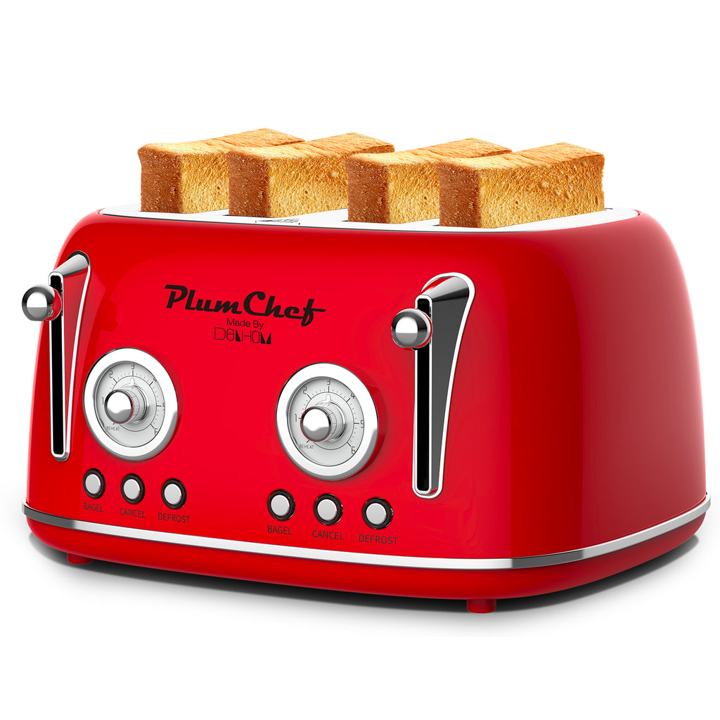4 Slice Retro Toaster, Dual Control Toaster, 6 Settings, Bagel, Defrost, Removable Crumb Tray, Stainless Steel Housing, 1650W, Red, Amazon Resale Prohibited