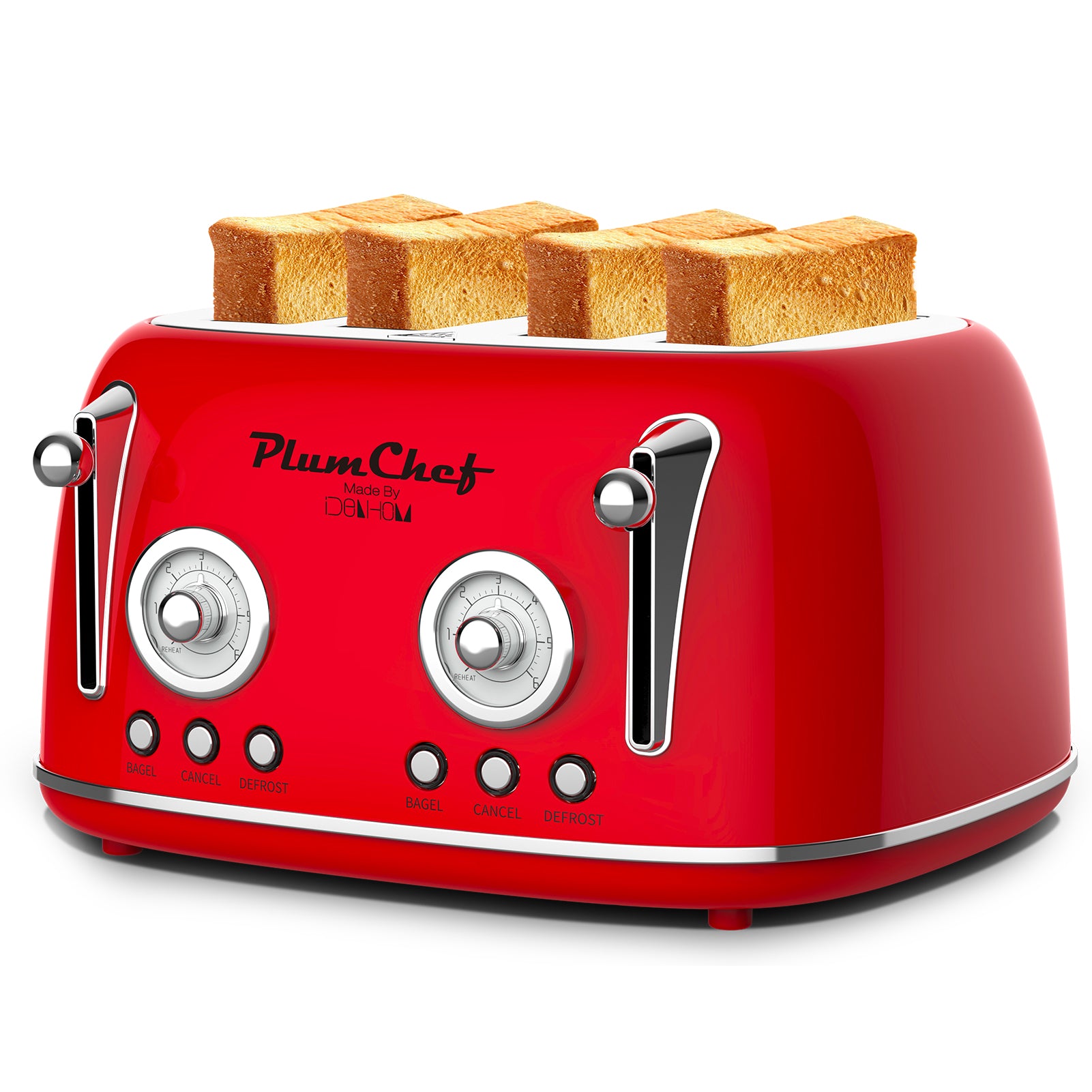 4 Slice Retro Toaster, Dual Control Toaster, 6 Settings, Bagel, Defrost, Removable Crumb Tray, Stainless Steel Housing, 1650W, Red, Amazon Resale Prohibited