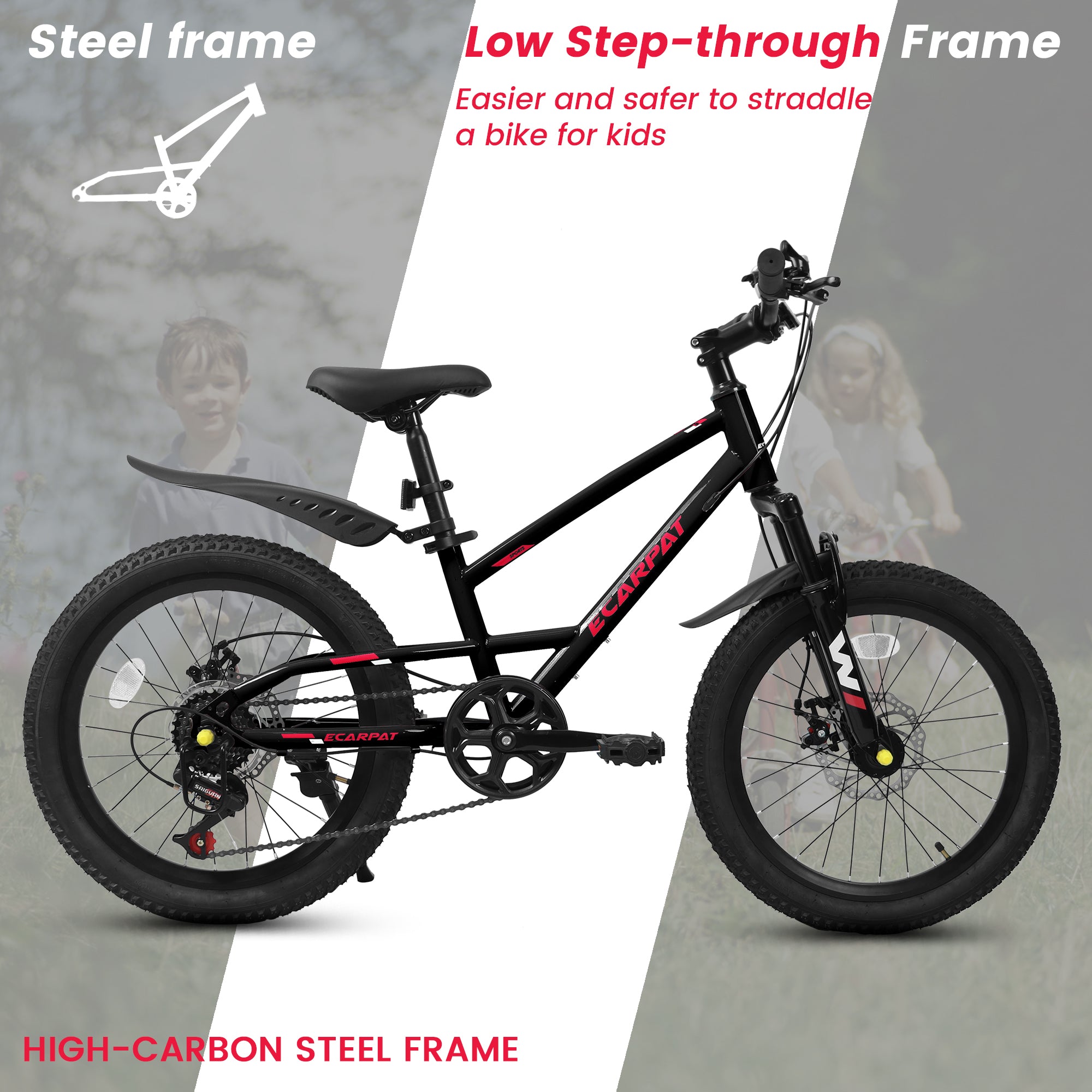 A20184 20 Inch Mountain Kids Bike For Boys & Girls, Ages 6-12, 7-Speed With Front Suspension