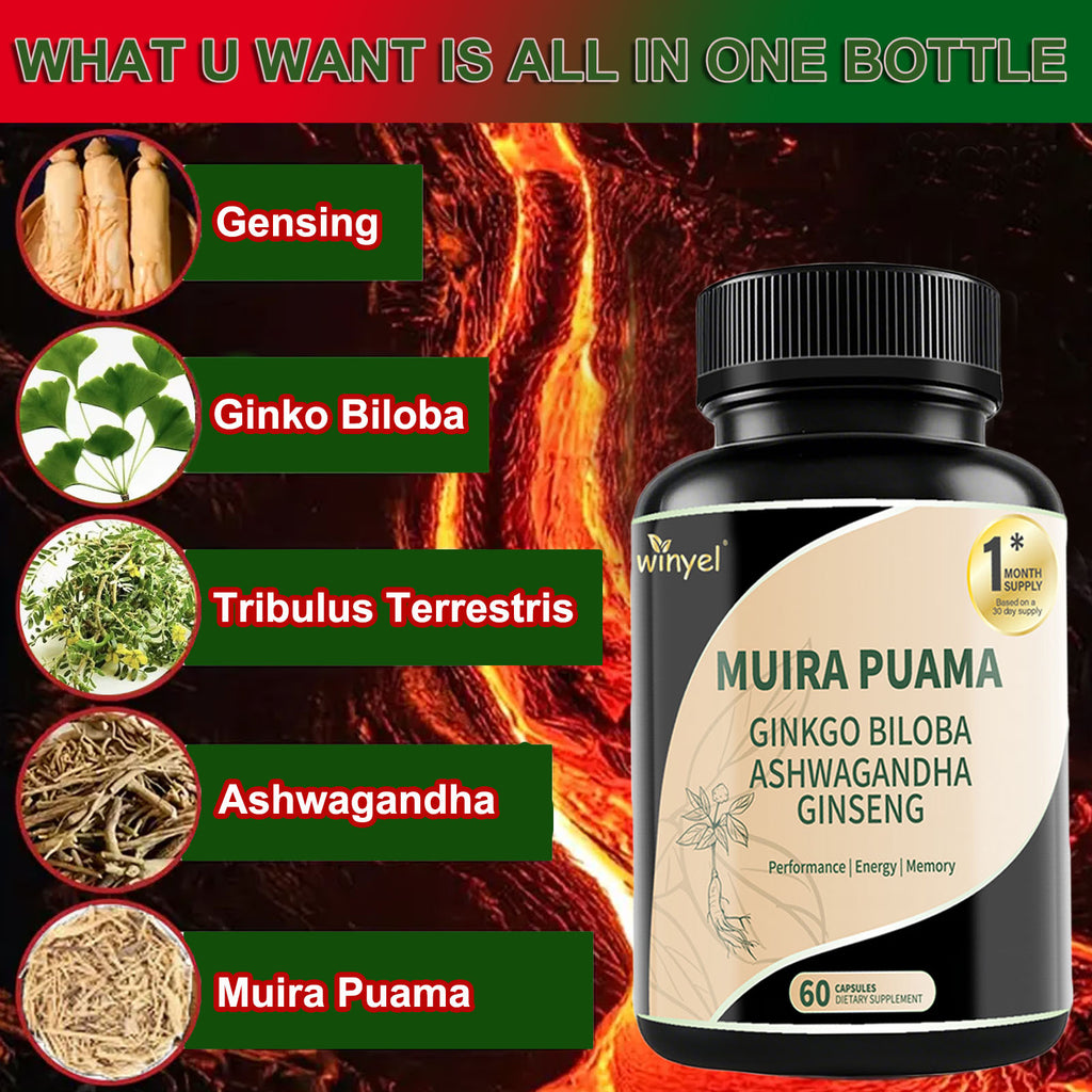 Muira Puama Ginseng Ashwagandha Ginkgo Tribulus  Herbal Supplements  Unleash Your Potential Through Our Pills  Dietary Supplements, Help Promote An Active And Healthy Lifestyle  60 Capsules